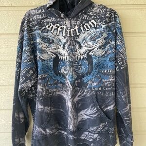 Affliction Black Skull Flame Print Grunge Y2K Goth men’s large